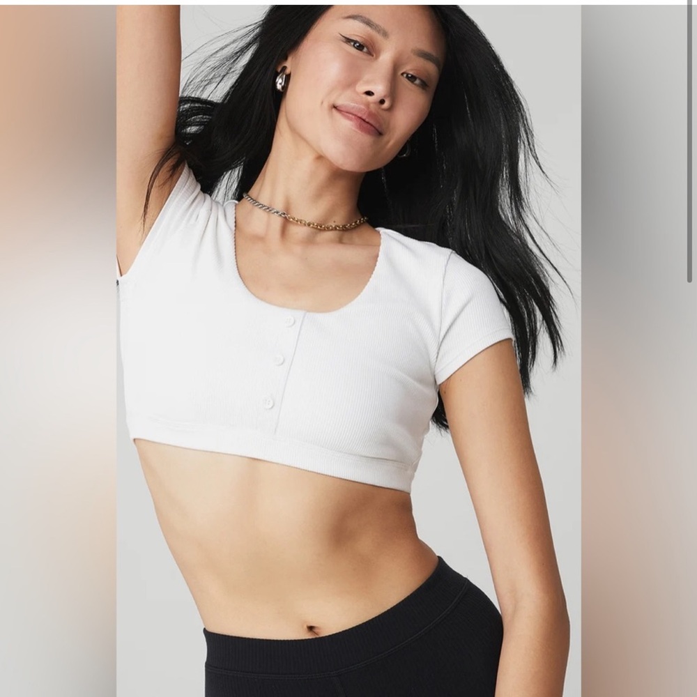 Alo Yoga Blissful White Henley Crop Top XS
